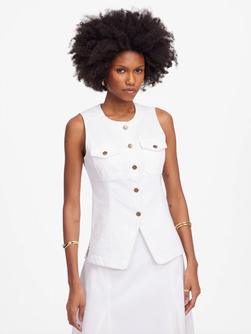 Madewell Denim High Crewneck Vest Tile White Minimalist Utility Pockets US 0